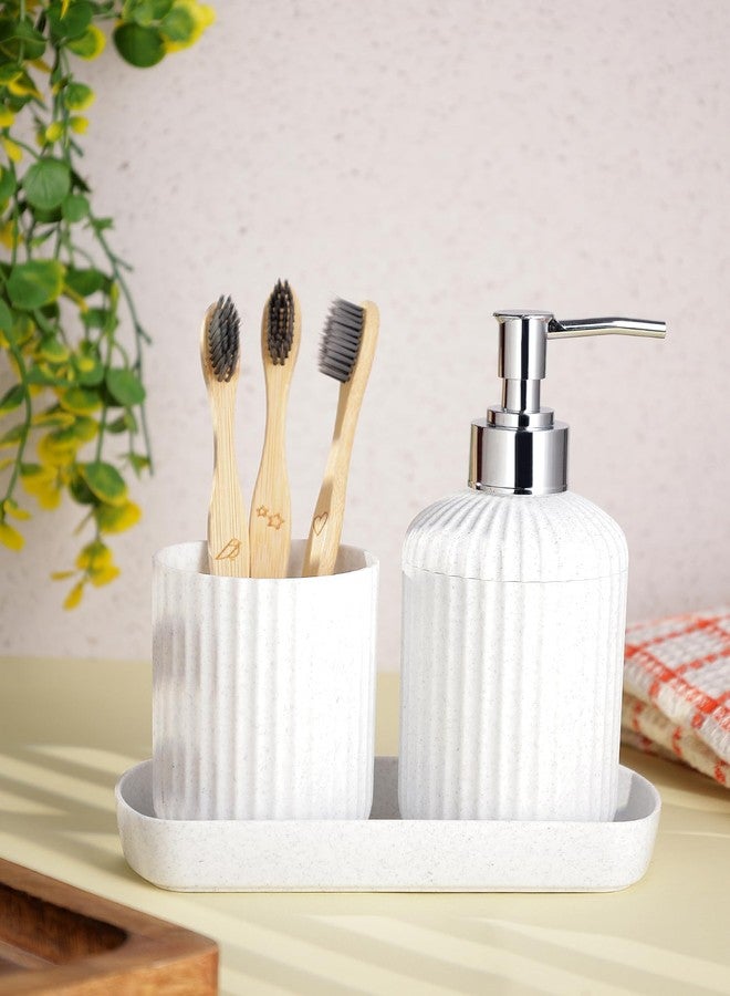 SHENRON Bathroom Accessories Set, Toothbrush Holder, Liquid Soap Dispenser & Tray, Unbreakable Plastic Organizer for Sink & Bathroom Essentials, Handwash, Sanitizer, Lotion & Shampoo (White,Pack of 3) - Image 2